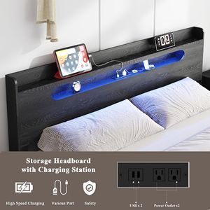 Letto Matrimoniale King Size con Struttura in Legno, Testiera Illuminata a LED e 2 Porte USB, Silenzioso, Senza Necessità di Rete a Doghe, con Vano Contenitore Integrato - Product Image 2