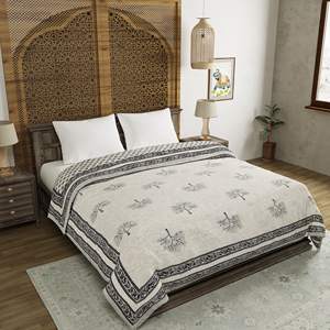 Couette légère et lavable en coton 100% écologique, imprimée à la main style Jaipuri Razai, taille Queen, très prisée - Product Image 1