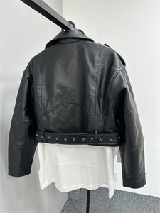 Blouson moto homme en cuir véritable noir, coupe ajustée, col rabattable, détail ceinture, longueur courte, imperméable, respirant, coupe-vent - Product Image 2