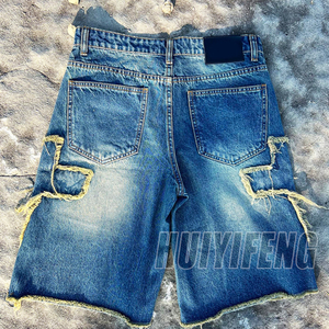 Shorts en jean baggy vintage pour homme, en coton, longueur genou, avec broderie croisée personnalisée, style streetwear estival - Product Image 5