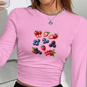 Camiseta de Manga Larga para Mujer, Estilo Y2K, Cuello Redondo, Estampado de Bayas, Tejido de Punto con Spandex y Poliéster, Moda Primavera-Verano - Product Image 4