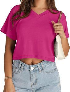 เสื้อครอปสีม่วงสำหรับผู้หญิง แขนสั้น คอวี ทรงหลวม ลำลอง ผ้าถัก สีพื้น เสื้อยืด ฤดูใบไม้ผลิ ฤดูร้อน สวมใส่ได้ทุกวัน - Product Image 5
