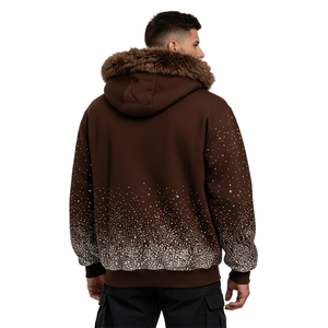 Men's Brown Custom Print Fur Hood Zip Up Hoodie Winter Fleece Streetwear Hooded <b>Jacket</b> with <b>Rhinestones</b> Design - Product Image 5