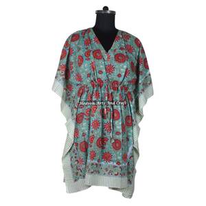 100% Cotton Women Sleepwear Hand Block Printed Kaftan Dress KFCS146 Light Weight Women Casual Occasion Wear Short Caftan Dresses - Product Image 6