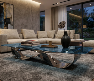 Table basse contemporaine en verre trempé bleu avec base géométrique sculpturale - Product Image 1