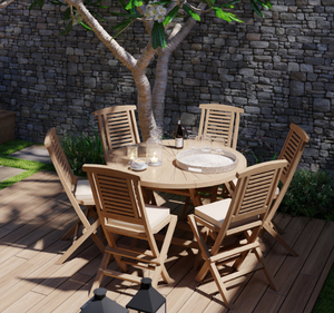 Juego de Mesa de Comedor Redonda de Madera de Teca Sólida para Exteriores con Sillas Plegables, Acabado Natural, Muebles de Jardín y Patio para Cafetería, Villa, Resort - Product Image 3