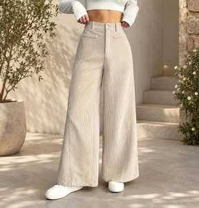 Women's High Waist Wide Leg Corduroy Pants Solid Color Loose Fit Full Length Casual Autumn Style Button Fly Flat Front - Product Image 5