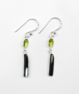 Handmade 925 Sterling Silver Black <b>Tourmaline</b> & Peridot Drop Dangle <b>Earrings</b> Minimalist Modern Artisan Jewelry - Product Image 1