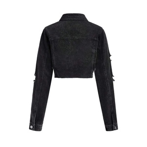 New Arrival Distressed Denim Jacket Raw Edge Cropped Denim <b>Coat</b> Heart Embroidery Long Sleeve Casual Outerwear Jacket - Product Image 2
