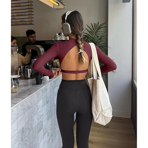 <b>Women</b> Criss Cross Neck Long Sleeve Solid Color Yoga Top With Cut-Out <b>Back</b> Hollow Out Design Activewear Shirt - Product Image 4