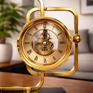 Geometric Brass Desk <b>Clock</b> Mechanical Movement Silent Contemporary Design Decorative Timepiece for Living Room <b>Table</b> And Bedroom - Product Image 5