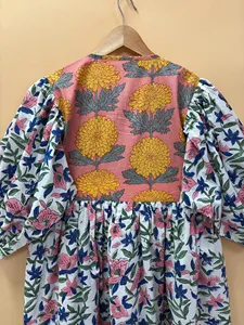 Elegant Boho <b>White</b> Pink Floral Handcrafted Cotton Midi Dress with Tie Neck and Ethnic Print Casual Dress For Women - Product Image 5