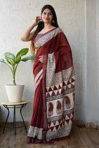 Vêtements ethniques indiens traditionnels en coton et lin pour femmes, sarees avec bordure jacquard et sarees imprimées numériquement, grossiste en sarees - Product Image 5