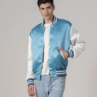 Blouson universitaire sportif unisexe personnalisé en gros, broderie Newark, corps bleu, manches blanches, satin, coupe-vent réversible