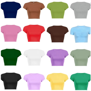 T-shirts Streetwear Femme en Gros – Col Rond, Manches Évasées, Couleur Unie, Manches Courtes, 100% Coton, Crop Tops pour Femme - Product Image 1