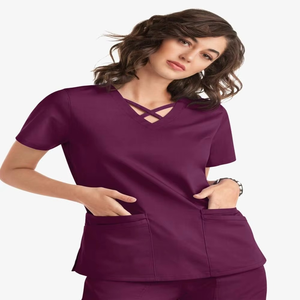 Women's Purple <b>Scrub</b> Top Short Sleeve Hospital Uniform Blouse Medical Workwear Stretch Fabric Woven 100% Polyester - Product Image 4