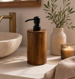 Juego de Dispensador de Jabón de Madera, Accesorios de Baño Redondos Minimalistas, Dos Piezas, Acabado en Madera Natural - Product Image 3