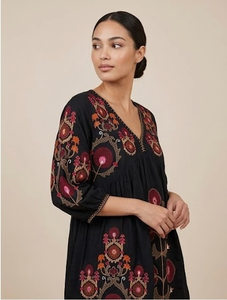 Summer Woven Button Eco-Friendly Maxi <b>Black</b> V-Neck Boho Loose Fit Short Sleeve Casual Dress - Product Image 2