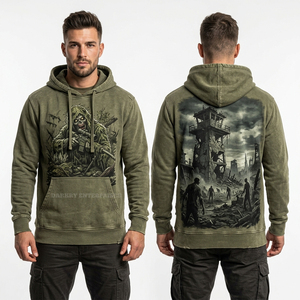 Sweat à capuche oversize streetwear personnalisé, en molleton de coton épais, délavé à l'acide vintage, avec motif Zombie Sniper - Product Image 1