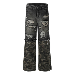 Jeans déchirés pour hommes style Hip Hop, coupe large, patchwork camouflage, denim délavé avec trous, vente en gros - Product Image 1