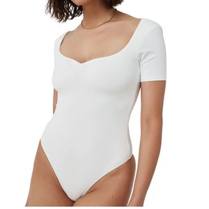 Combinaison moulante blanche à col carré et manches courtes pour femme, avec manches bouffantes, idéale pour les soirées en boîte de nuit, maillot de bain sexy, tenue de sport ajustée, combishort - Product Image 1