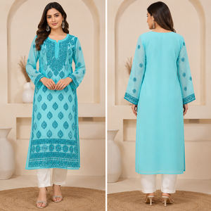 Trending Georgette <b>Chikankari</b> Kurti – Designer Sky Blue Floral Paisley Embroidered Long Ethnic Dress – Festive Ethnic Wear - Product Image 4