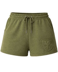 กางเกงขาสั้นผ้าฟลีซสีเขียวมะกอกสำหรับผู้หญิง พร้อมแพทช์ลายนูนรูปนกอินทรี เอวยางยืด สไตล์ลำลอง รับผลิตตามสั่ง ขายส่ง OEM จำนวนมาก - Product Image 1