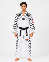 Ensemble uniforme de Taekwondo SHH Industries avec impression par transfert thermique, design rayé blanc et noir, extensible, pour adultes unisexe, arts martiaux