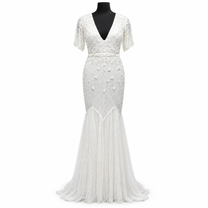 Beaded Mermaid <b>Evening</b> Dress Deep V Neck Flowing Short Sleeves Formal Party | <b>White</b> Floor Length Floral Embellished Trumpet <b>Gown</b> - Product Image 1