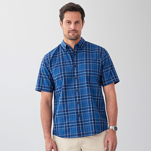 Men's Blue short-sleeve <b>plaid</b> <b>shirt</b> delivers sharp, versatile look, Lightweight & breathable—Classic comfort meets modern style. - Product Image 1