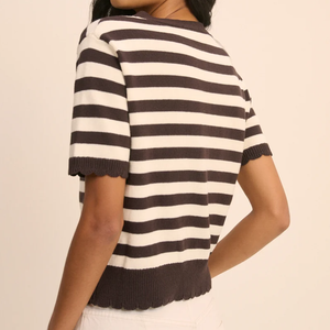 <b>Women</b> Striped Short Sleeve <b>Cardigan</b> With Bow Collar 100% Cotton <b>Crop</b> Length Nautical Style All Seasons - Product Image 4