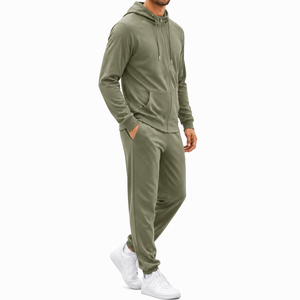 Men's Olive Green Hooded <b>Tracksuit</b> Full Zip Sweatshirt And Pants Set Casual Autumn Wear Breathable Polyester Solid Color Regular - Product Image 2
