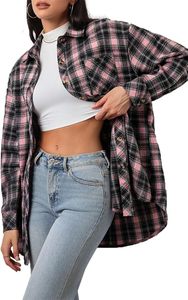 Wholesale Womens Oversized Plaid Flannel Shirt Long Sleeve Button Down Shacket Pink <b>Checkered</b> Casual Loose Fit Blouse Jacket <b>Top</b> - Product Image 6