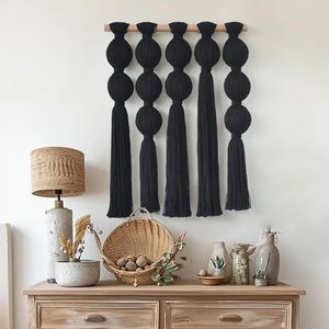Black Macrame Wall Hanging <b>Large</b> Yarn Fiber Wall Art Geometric Aesthetic <b>Beaded</b> Tassel - Product Image 1