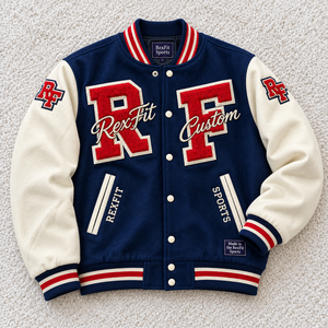 Veste de sport Rexfit personnalisée, style Letterman, unisexe, broderie chenille, col rond, coque en laine épaisse, boutons pression - Product Image 2