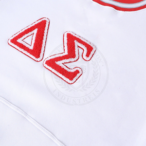 Sorority Delta Sigma Embossed Crew Neck White <b>Red</b> Embroidered Greek Letter DST 100% Cotton Fleece University <b>Women's</b> <b>Sweatshirt</b> - Product Image 6
