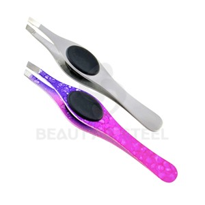 Pinzas para vello facial de punta inclinada en morado lavanda y plateado satinado con acabado duradero resistente al óxido y tensión calibrada - Product Image 5