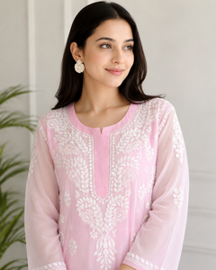 Premium Pink <b>Chikankari</b> Embroidered Georgette Kurti for Women – Elegant Ethnic Wear with Floral Embroidery - Product Image 3