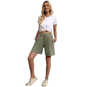 Women's Solid Color Knitted Shorts With <b>Drawstring</b> Elastic Waist Casual Loose Fit Mid Rise Regular Style olive Green color - Product Image 3