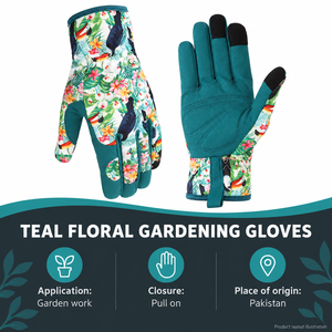 Guantes de Jardinería con Puño Recto y Cierre de Tirar, de Cuero Sintético y Algodón, Diseño Floral, Caja de 30 Pares, Hechos en Pakistán - Product Image 3