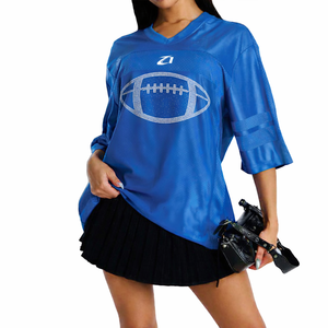 เสื้อเจอร์ซีย์อเมริกันฟุตบอลผู้หญิงสีน้ำเงินคุณภาพพรีเมียม ตกแต่งด้วยกราฟิกคริสตัล ผ้าโพลีเอสเตอร์ทรงโอเวอร์ไซส์ เสื้อยืดกีฬาแฟนเวียร์แบบสั่งทำพิเศษ - Product Image 5