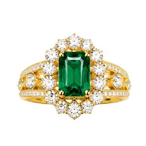 Magnificent <b>statement</b> <b>ring</b> in 18K yellow gold with emerald cut green center stone halo of round diamonds and intricate shank det - Product Image 1