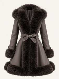 Women Fur Collar <b>Leather</b> Look Winter <b>Coat</b> Belted Long Jacket Rabbit Fur Trimmed Overcoat - Product Image 5