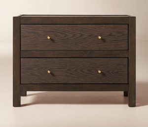 Modern Teak Wood Nightstand with Double <b>Drawers</b> and Gold Brass Knobs - Product Image 2