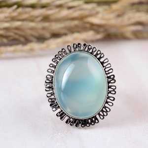 แหวนเงินแท้ 925 ประดับพลอยอะควาคาลซีโดนี งานแฮนด์เมดสไตล์วินเทจ โบโฮ ลายฟิลิกรีรูปนก เครื่องประดับอัญมณีสำหรับทุกเพศ เหมาะสำหรับงานแต่งงาน - Product Image 1