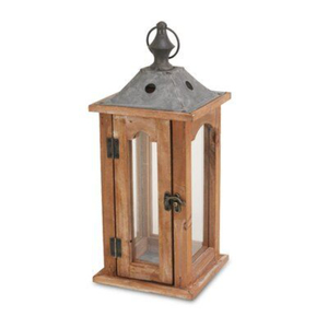 Lanterne rustique en bois avec dessus pyramidal en métal galvanisé et fenêtre en verre, pour décoration de table de ferme ou de maison - Product Image 1