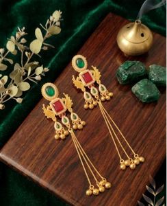 Kashmiri Fusion Long <b>Earrings</b> <b>Gold</b> Plated Crystal Rhinestone Lightweight Statement Jewelry Geometric Design Traditional Elegance - Product Image 2