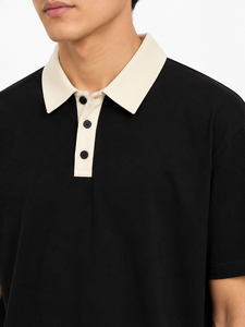 Premium Men's Black Polo T <b>Shirt</b> Contrast White Collar Cotton <b>Half</b> Sleeve Polo Tee Casual Smart Casual Golf <b>Shirt</b> <b>Button</b> Placket - Product Image 4