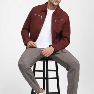 <b>Men's</b> <b>Suede</b> Bomber <b>Jacket</b> Maroon Stand Collar Zipper Closure Casual Winter Style Slim Fit Regular Length Windproof Front Logo - Product Image 5