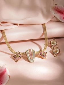 Juego de Joyería Étnica Chapada en Oro, Collar y Aretes con Piedras de Circonio, Diseño Geométrico para Mujer, Boda - Product Image 5